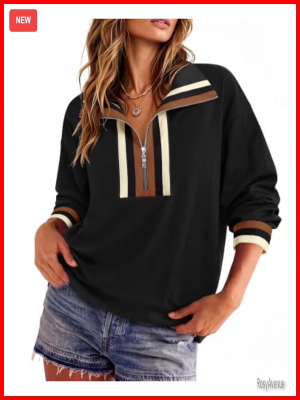 Womens Half Zip Pullover Sweatshirt Striped Mock Neck Cotton Blend Fall Top